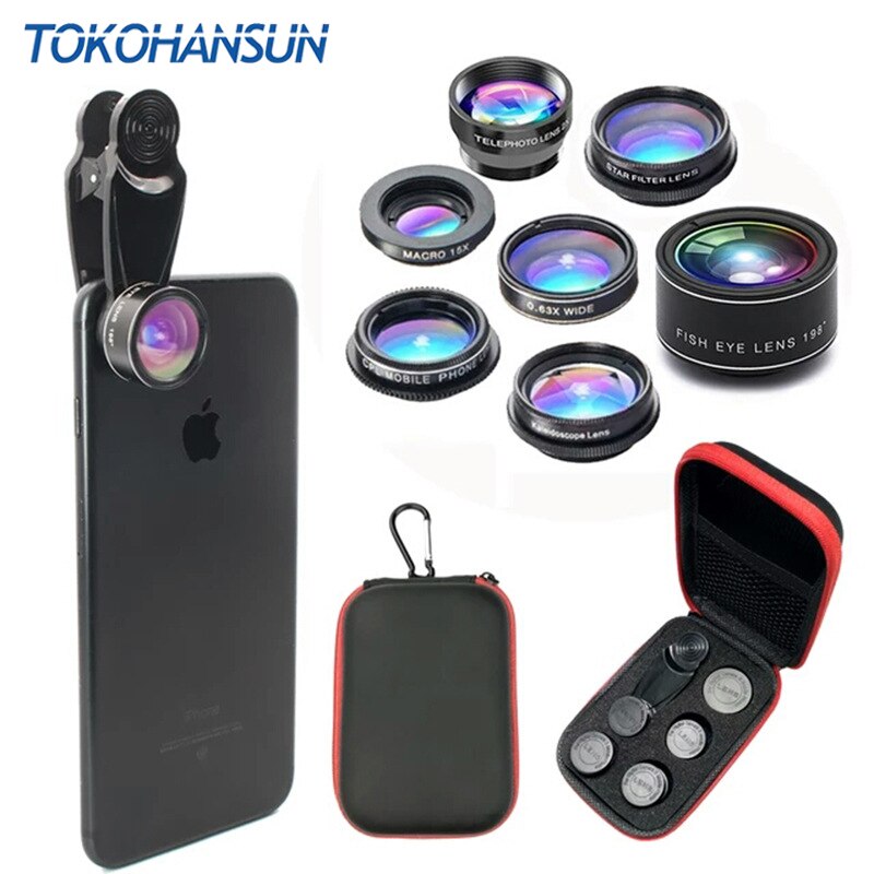 TOKOHANSUN 7 en 1 téléphone caméra Kit d'objectif oeil de poisson grand Angle/macro objectif CPL kaléidoscope et 2X téléobjectif zoom pour iPhone 6s