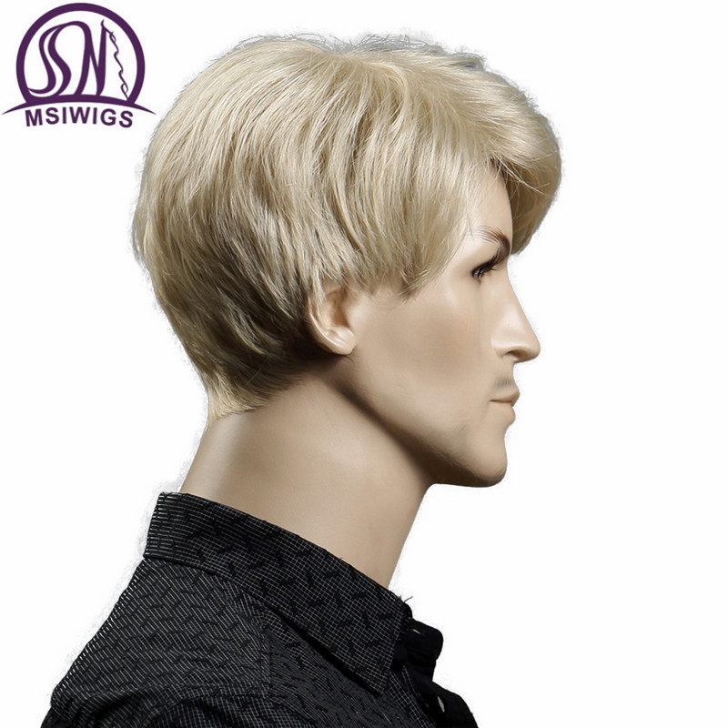 Msiwigs Korte Blonde Man Synthetische Pruiken Amerikaanse Europese 6 Inch Rechte Mannen Pruik Met Gratis Haar Cap Hittebestendige
