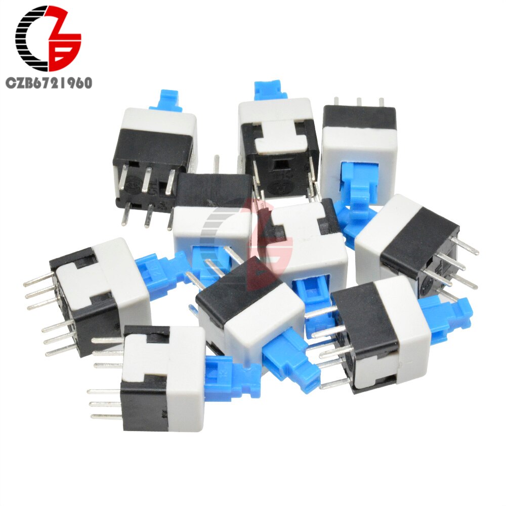 10Pcs Square 8x8mm 6 Pin DPDT Blue Cap Self-locking Type Square Button Switch Multimeter Switch