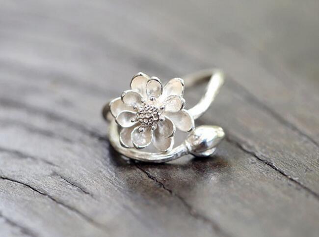 Silver Color Handmade Lotus Flower Rings Finger Jewelry For Women Retro Jewelry anel S-R51