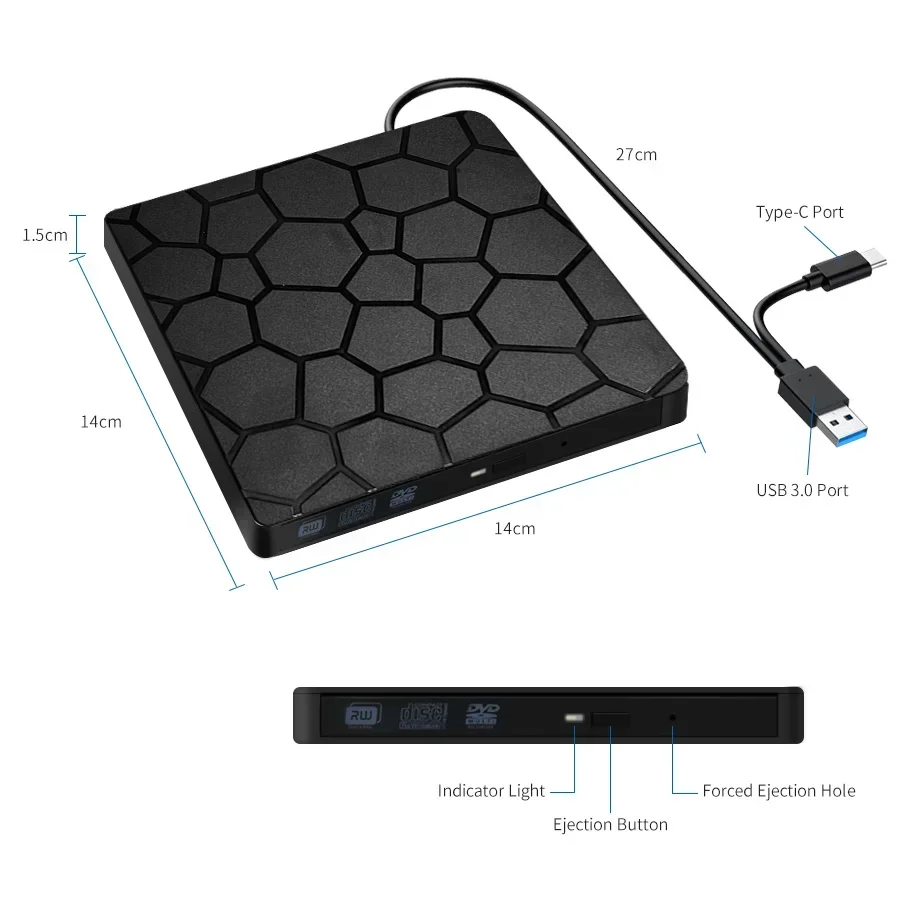External DVD RW Drive 2 in 1 Interface USB 3.0 Type-C Slim DVD CD Writer Burner Reader Player Optical For Laptops Desktop PCs: Default Title