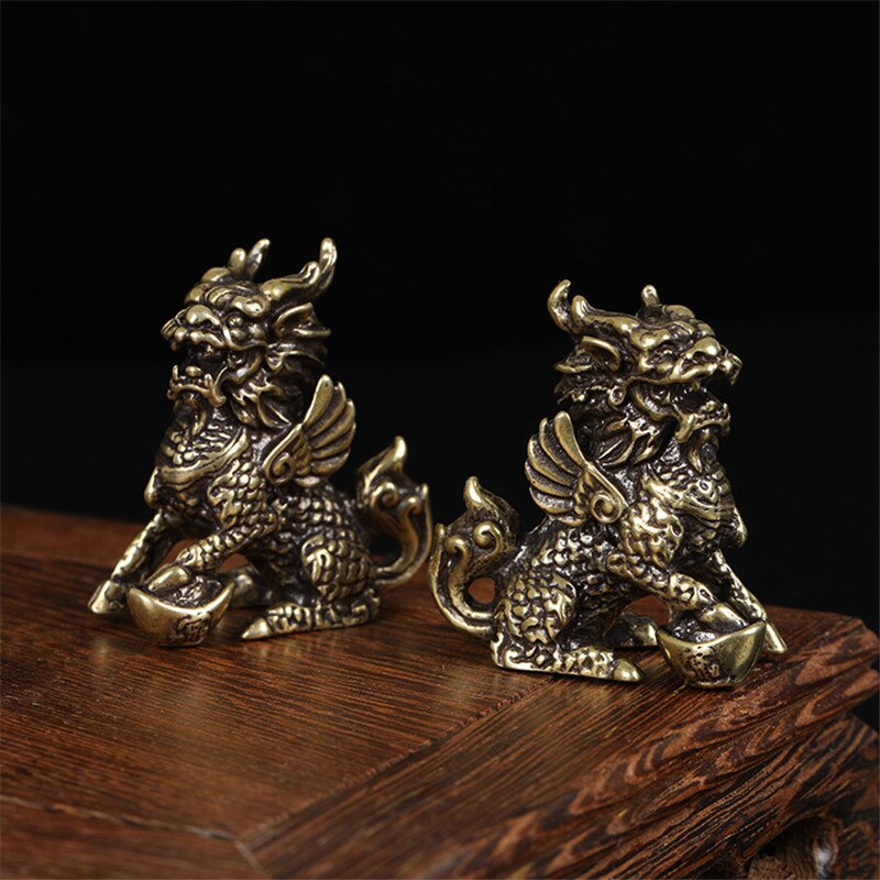 Antique Bronze Chinese Mythical Beast Qi Lin Statue 1 pair Copper Animal Ornaments Lucky Home Feng Shui Living Room Decorations