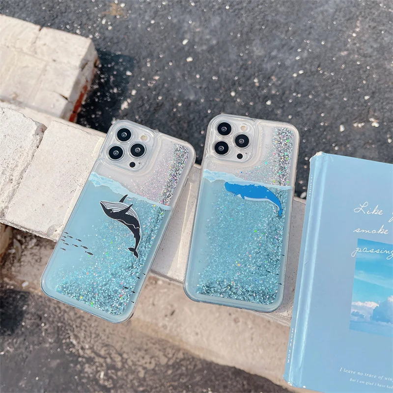 Glanzende Sparkles Drijfzand Case voor iPhone 13 14 Pro Max Cover Shark Dolphin El Iphones 16 15 15 Pro Funda Vloeibare Carcasa Zachte Romp