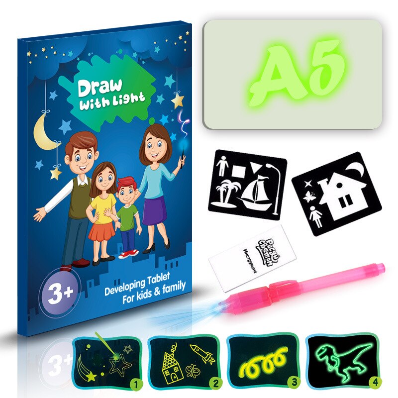 Writing Magic Drawing Board Set Educational Led Tablet Night Light Children Funny Toys Kids Russian Language Noctilucent: A5 English 150g