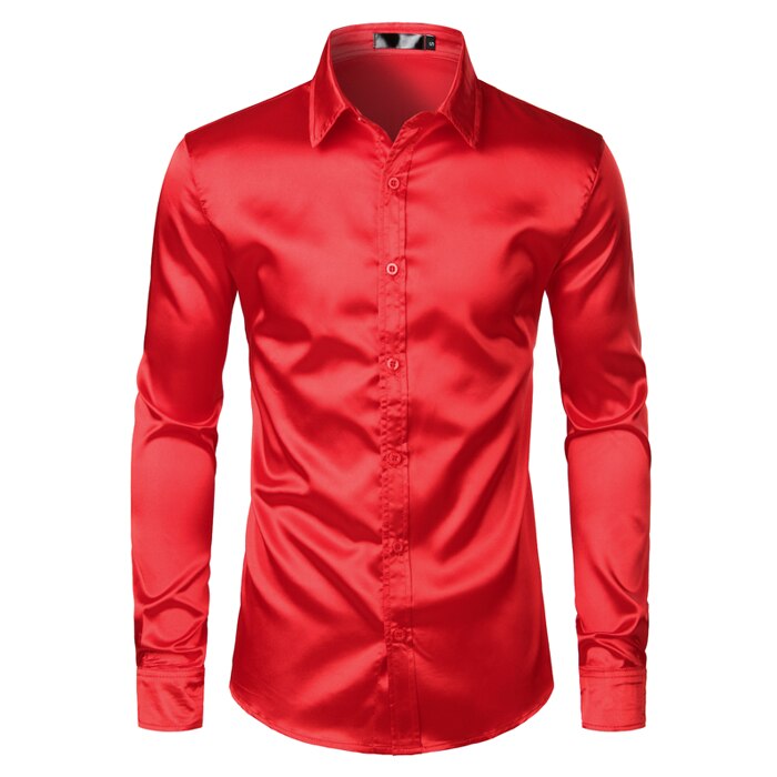 Chemise en satin noir pour homme, vêtement en soie lisse, coupe mince près du corps style smoking, idéal pour une fête décontractée, un mariage ou un bal, collection luxe: Red / US Size XL