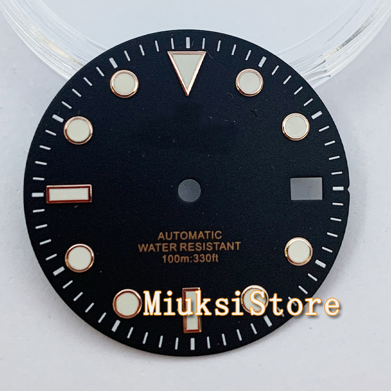 29Mm NH35 Wijzerplaat Steriele Zwart Groen Blauw Roze Horloge Wijzerplaat Met Datum Venster Voor NH35 NH35A Automatische Beweging accessoire Onderdelen: Black-rosegold edge