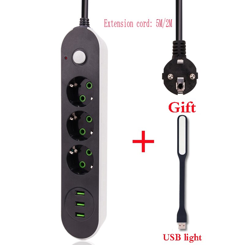 Smart USB Power Strip Socket EU Plug 3 USB Charge 5M Power Cord Wall Charge Adapter For Robot Vacuum Cleaner Humidifier: 2 M With light
