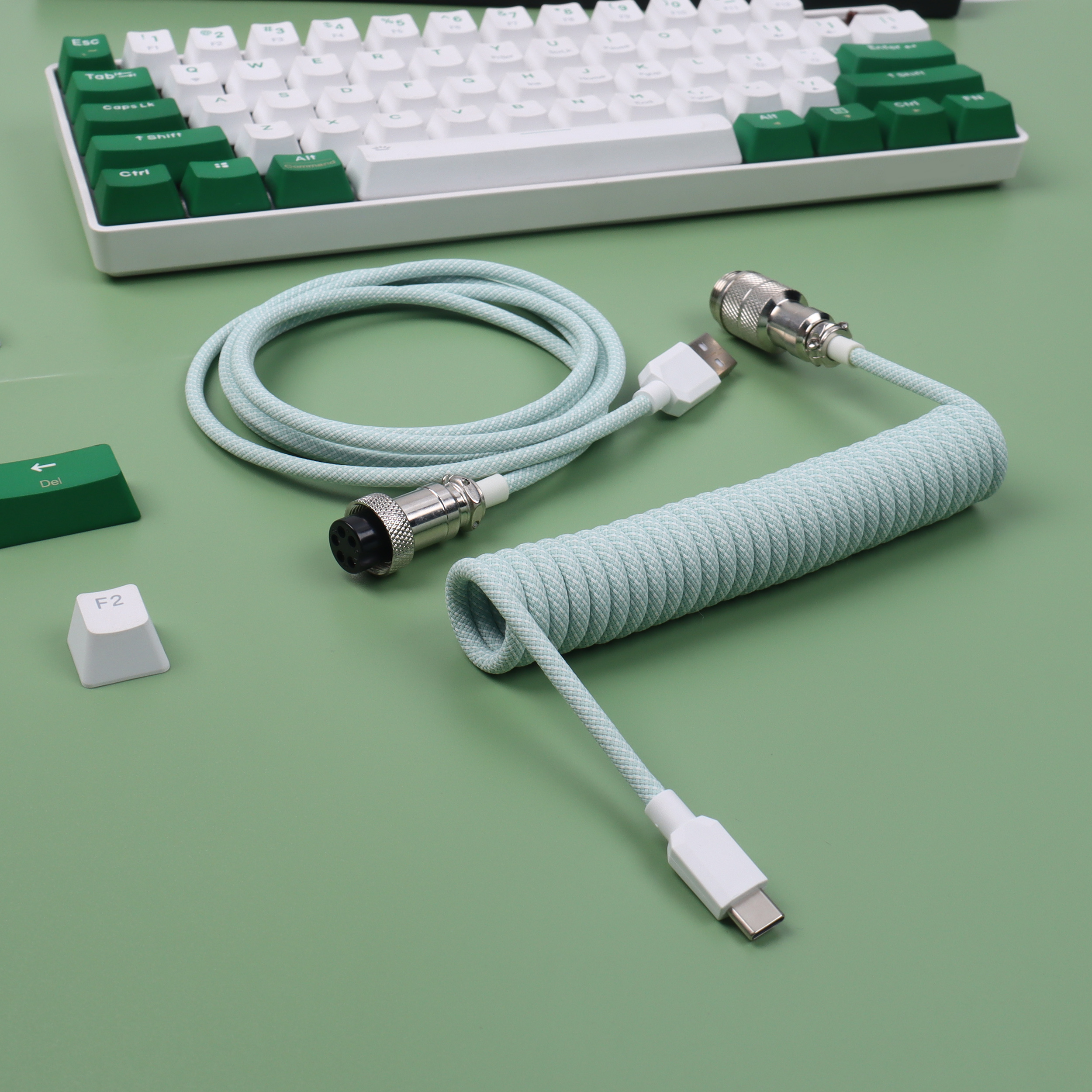 Lano 8 farvevalg macaron spiralkabel type-c til usb mekanisk tastatur data spiralkabel ledning med  gx16 luftfart: Grøn