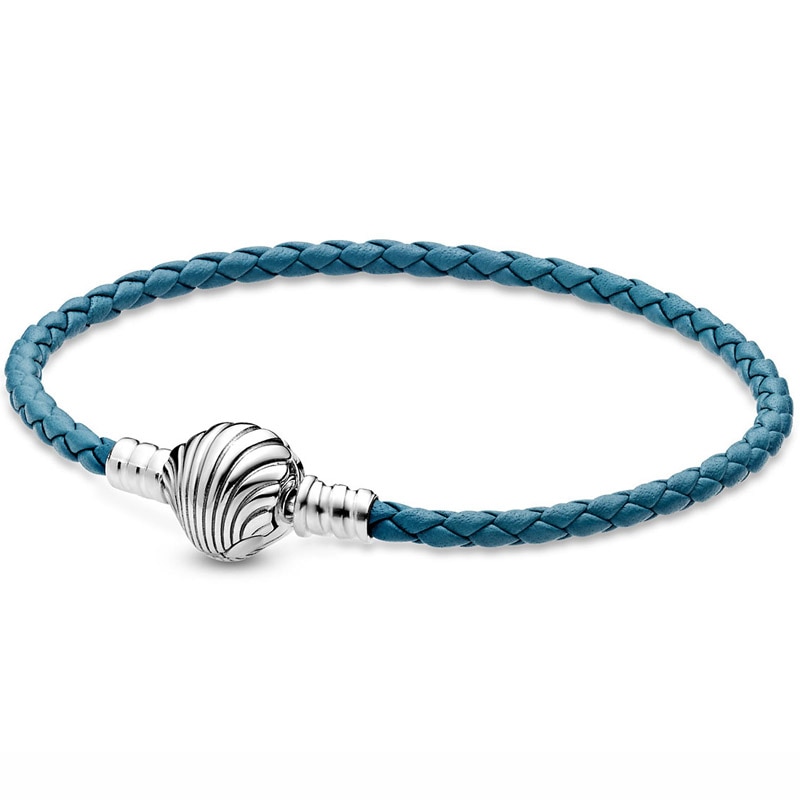Original Moments Seashell Clasp Turquoise Leather 925 Sterling Silver Bracelet Fit Europe Bangle Bead Charm DIY Jewelry