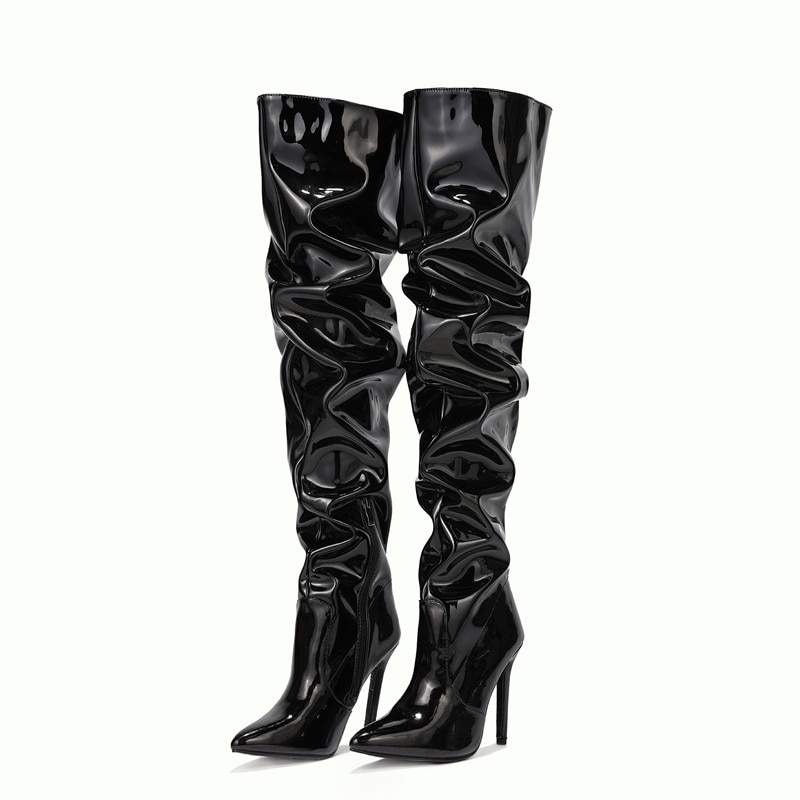 Rihanna style Women Thigh high boots pleated Ultra high heels Ladies Long Boots Patent leather Female boots Shoes