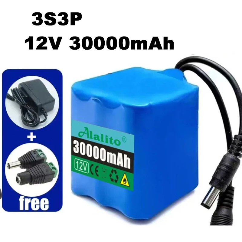 12V 3s3p 30Ah battery pack 18650 lithium ion 12V 50000mAh DC12.6V super large capacity rechargeable battery with BMS + charger: Silver