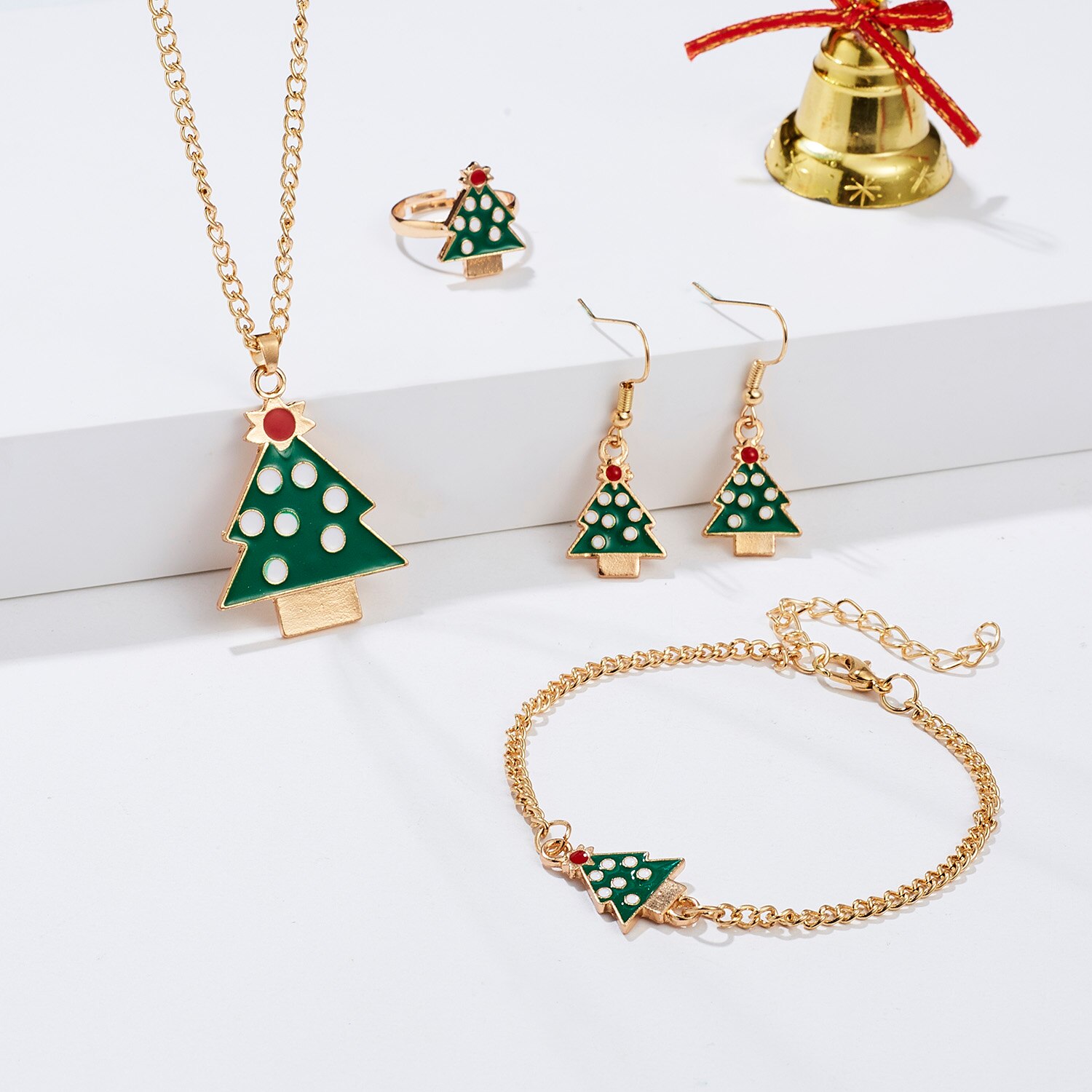 4 pçs/set novo natal encantos pingentes conjunto de jóias árvore natal cervos sinos papai noel brincos colar pulseira anel presente