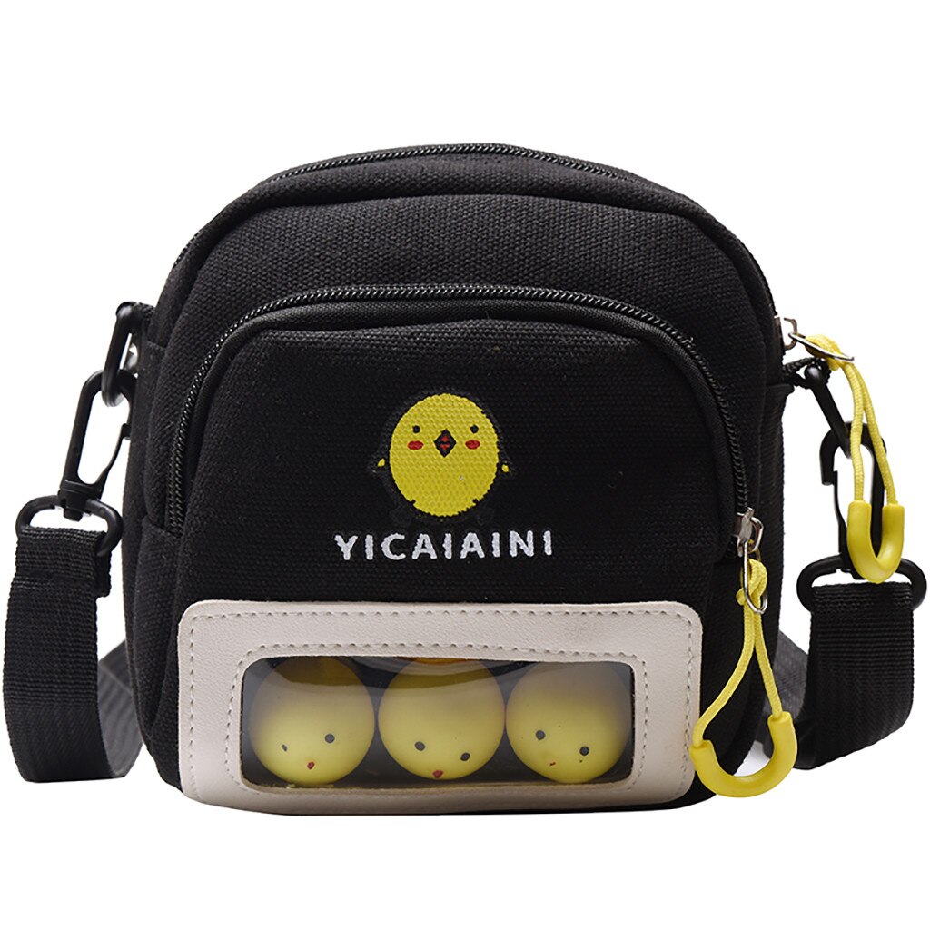 Women Canvas Crossbody Bag Contrast Color Cute Chick Print Shoulder Messenger Bags Ladies Small Handbag For Students #YJ: Black 