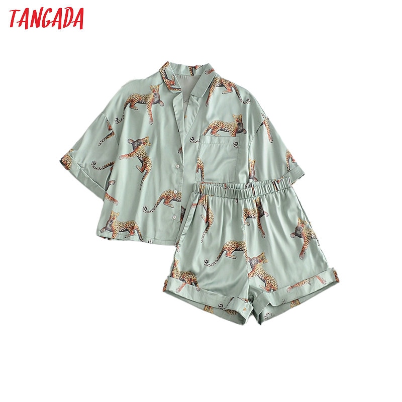 Tangada Vrouwen Animal Print Print Tops Shorts Set Pak 2 Delige Set Shirt En Shorts 3W157