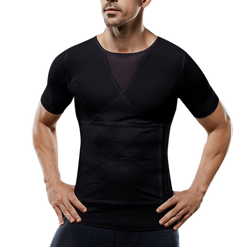 B2Cshop – t-shirt moulant en Nylon pour homme, vêtement moulant et amincissant, avec fermeture éclair, à manches courtes: XXL / Black