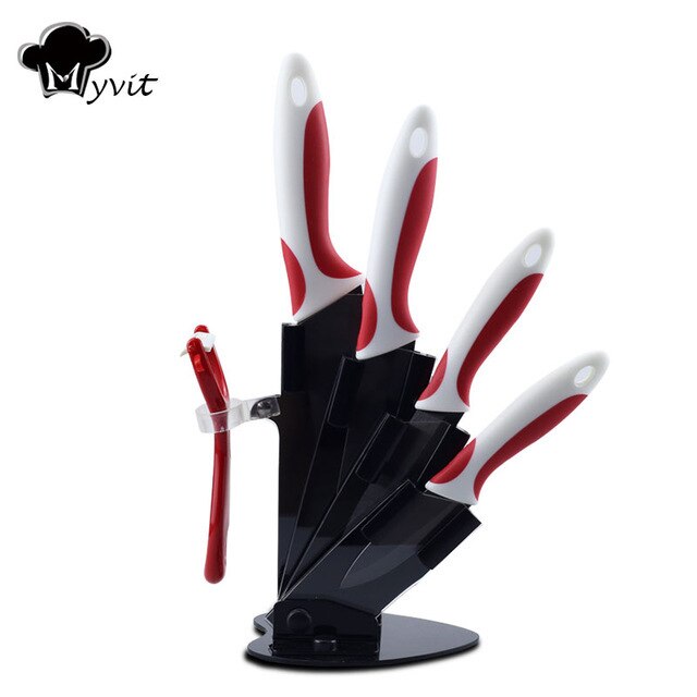 Keramiske knive 3 4 5 6 tommer skrælleholder sæt køkken kok knivblok stativ frugt knivknive zirconia sort blad: Rød hvid