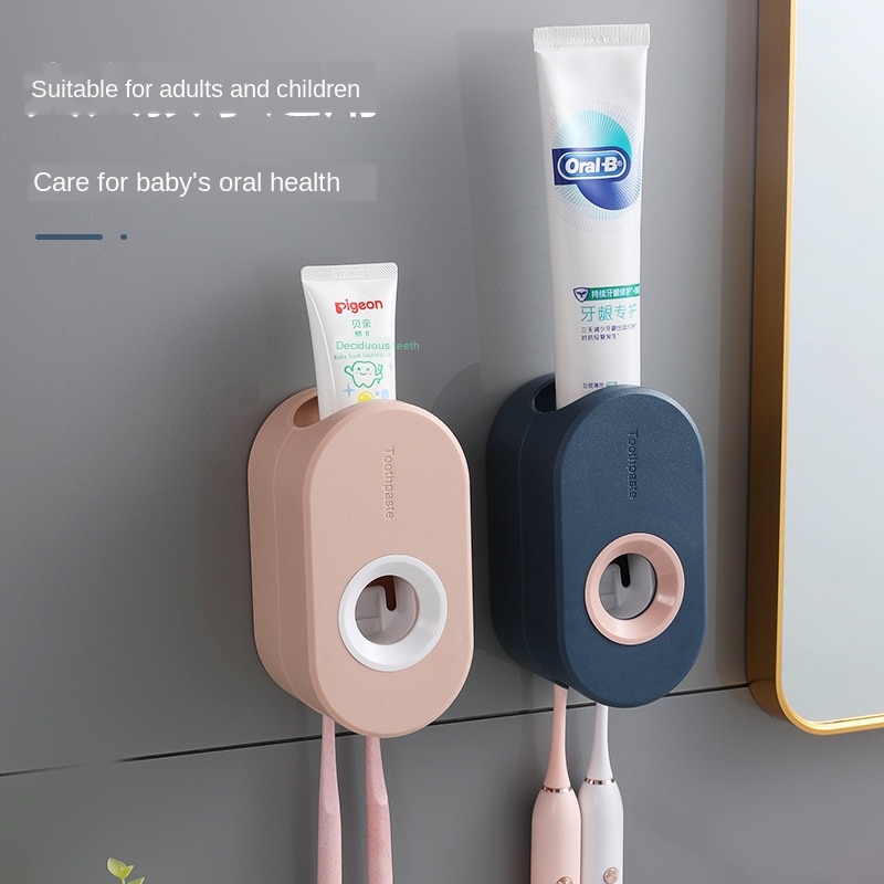 Selvklæbende automatisk tandpasta pressesæt, vægmonteret tandpastaholder, tandbørsteholder, vægopsugning tandpasta pres