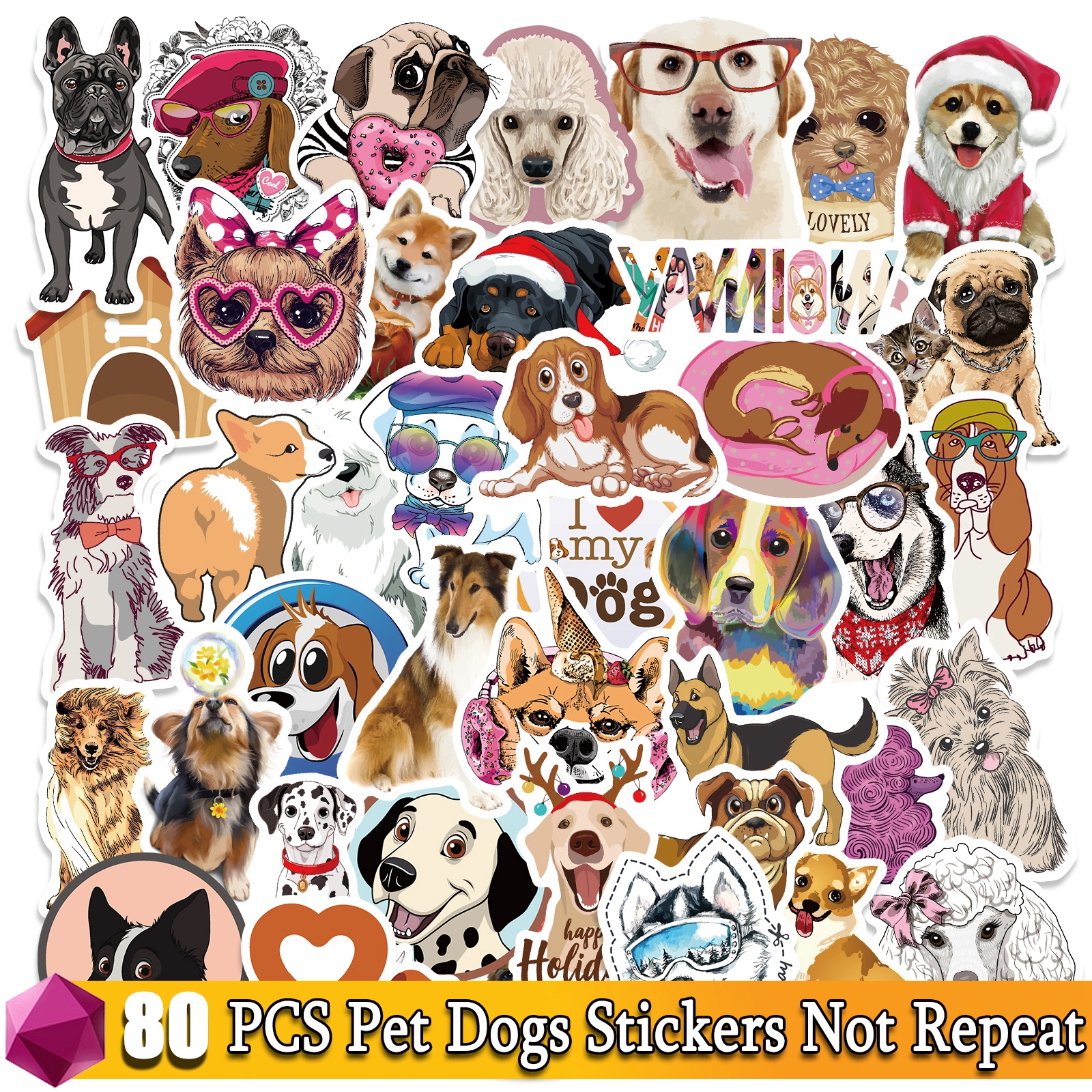 Easter Day Stickers Cartoon Anime Sticker Festival Pack for Laptop Bicycle Motorcycle Guitar Skateboard Decals Kids Toy Decal: 80 Pcs Pet Dogs