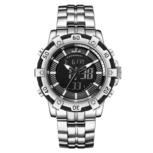 GOLDENHOUR-reloj analógico de acero inoxidable para hombre, accesorio de pulsera de cuarzo resistente al agua con doble pantalla, complemento Masculino de de lujo con clásico: Silver Black