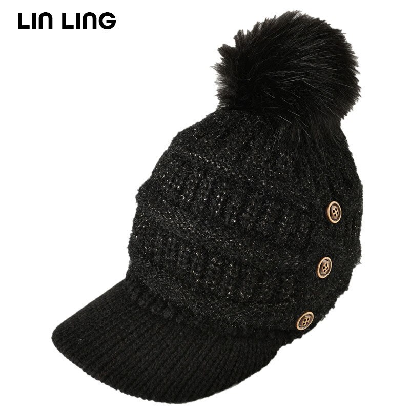 Gorro de lana con forma de bola para mujer, gorro de lana con forma de cúpula cálida, con botones, en 6 colores, para invierno y otoño