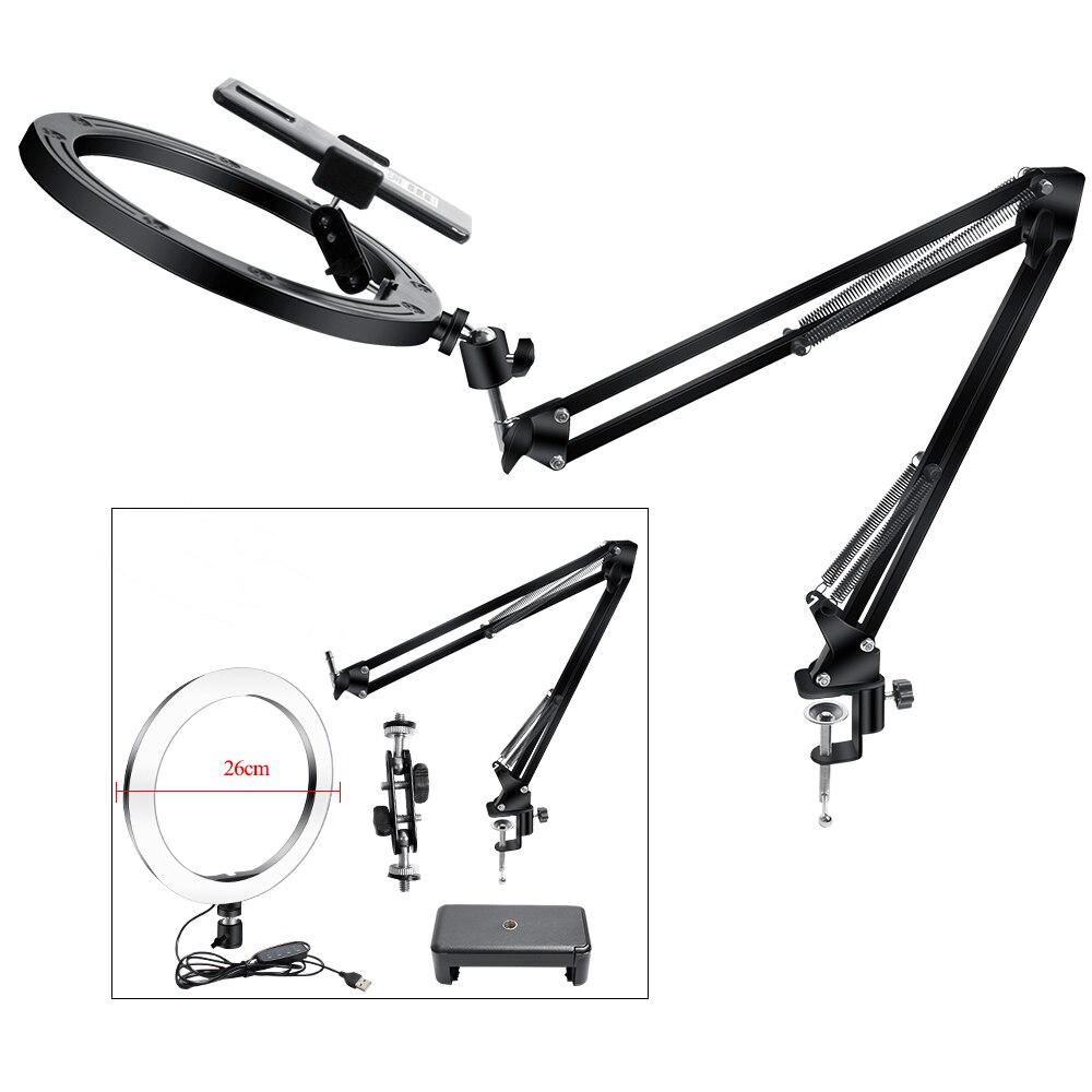 26cm/10inch Dimmable Ring Light With Long Arm Stand 3200-5500K Desktop Tablet Phone Holder Video Live Photography Selfie Light: 26cmLampStand