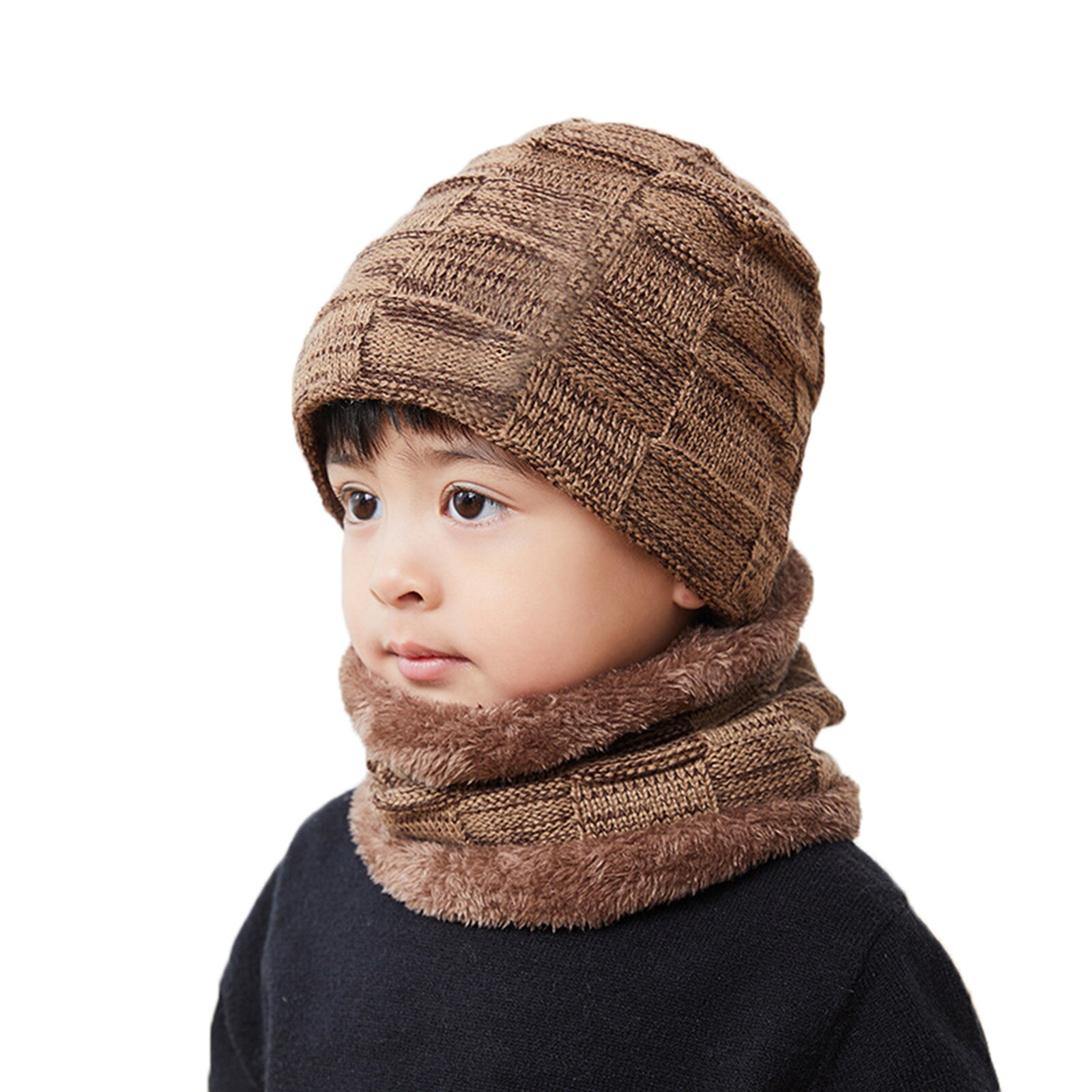 Winter Beanie Hat Scarf Set Thick Fleece Lined Warm Knit Ski Hats for Men Boy &T8: Khaki Children