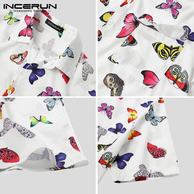 INCERUN homme motif papillon imprimé chemise été hommes manches courtes revers chemises décontractées amples confortable Blusas Hombre hauts 3XL