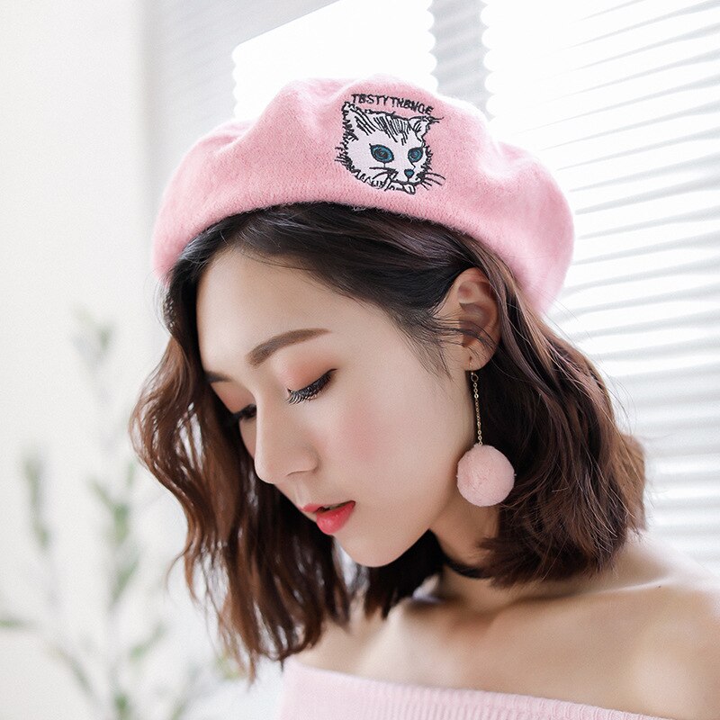 Køligt forår efterår vinter kunstner hue hue kvinder piger maler kasket baret broderi smil ansigt kat rose solid hue baret hat: Kat lyserød