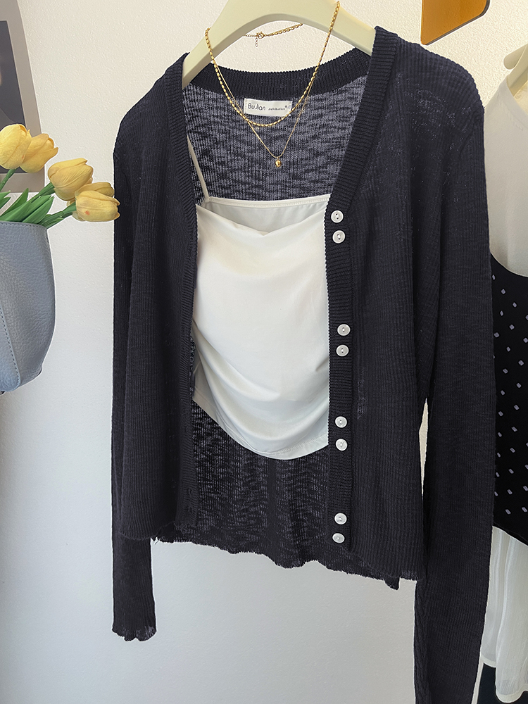 Cardigã fino com design de nicho feminino, casaco curto de malha, protetor solar, tops femininos, estilo coreano, manga comprida, verão