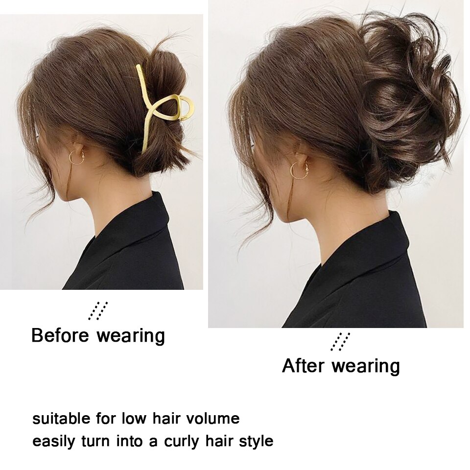 Moño de pelo sintético para mujer, moño desordenado, extensiones de cabello Updo despejadas con Clip de garra, horquillas rizadas, negro y marrón