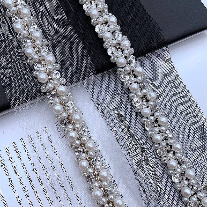 0.5 meter wit (45cm)  parelmoer kralen kantversiering handgestikte kristallen kralen kant lint stof naaimateriaal voor kleding