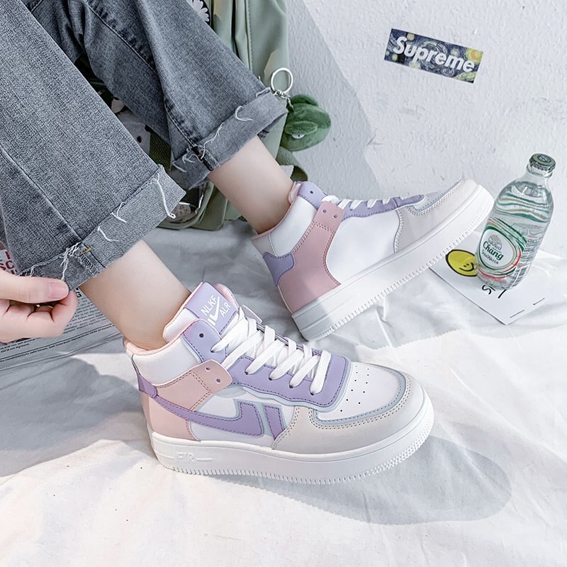 Dame sneakers pu slik farve rund tå snøre høj top board sko hip-hop afslappet kvinder moderigtige sportssko ins trend