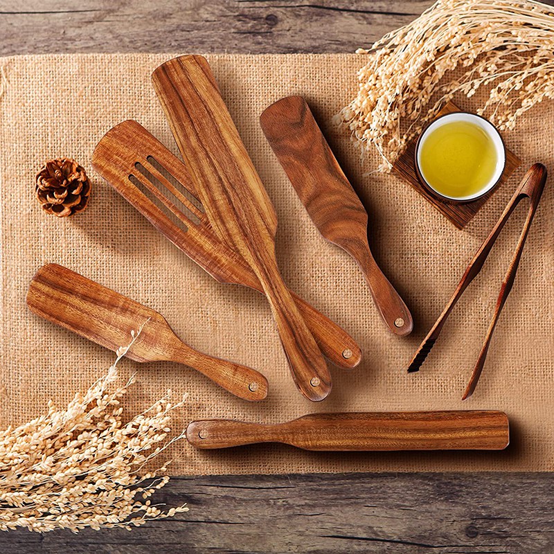 6 Pcs Wooden Spurtle Set, Teak Spurtle Set Heat Resistant Wooden Spatula Cooking Utensils Set Non-Stick Wooden Spoons