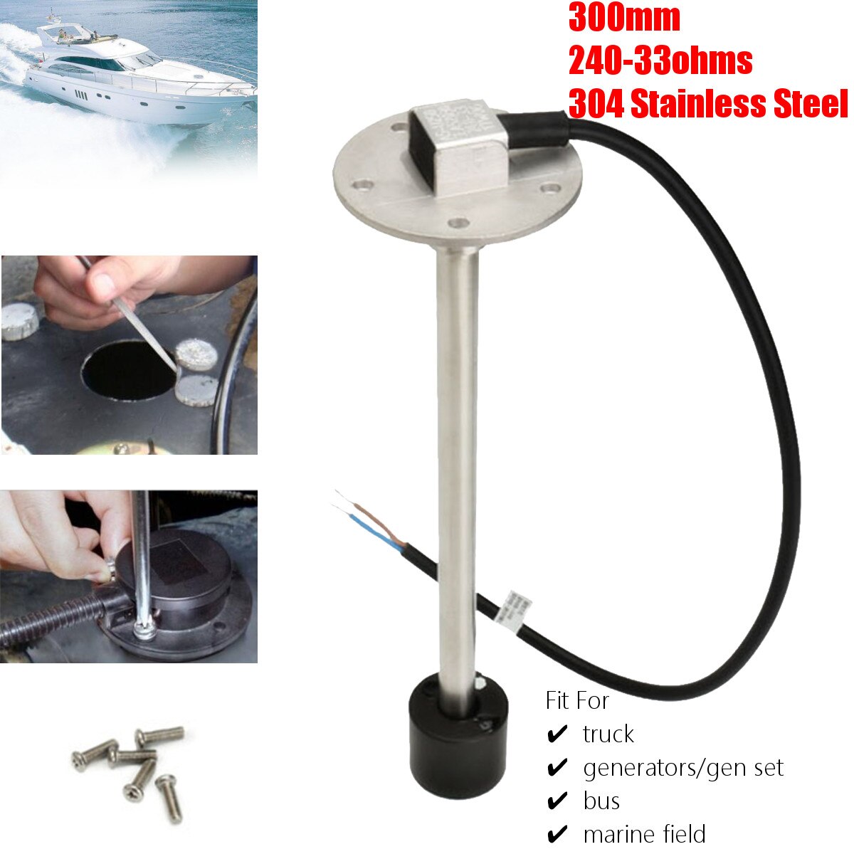 300mm drivstoffnivå sensor båt lastebil bil drivstoff sender enhet marine rv vann nivå måler sensor 240-33 ohm rustfritt stål båt