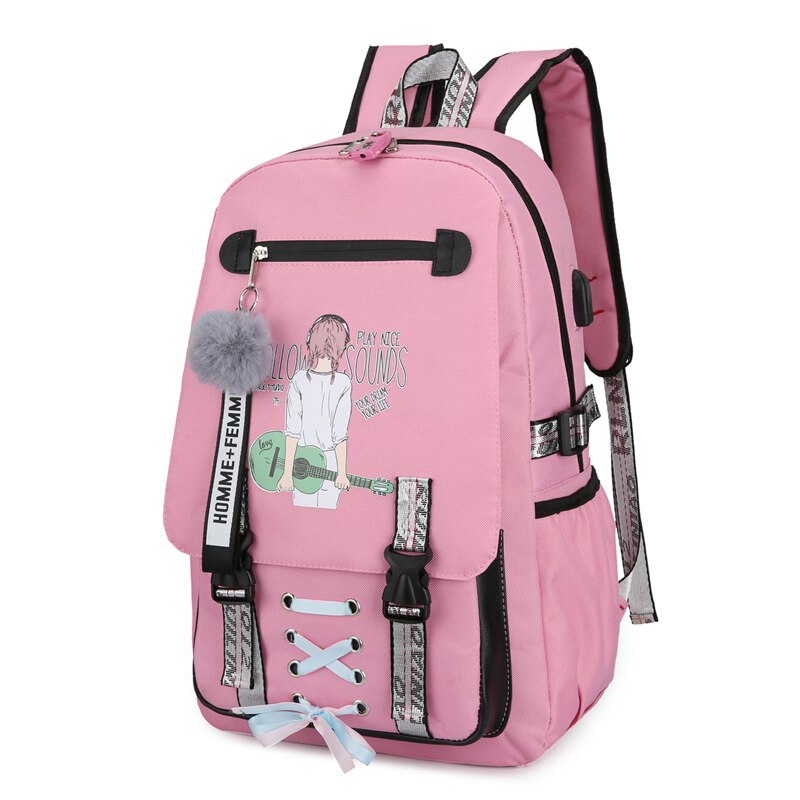 Canvas Usb School Bags for Girls Teenagers Backpack Women Bookbags Black Large Capacity Middle High College Teen Schoolbag: music pink