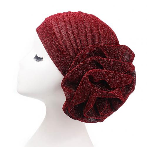 Muslim Hat Big Flower Glitter Turban Hat Muslim Indian Cap Women Head Wrap Headwear Solid Color Women's Hat Breathable: Wine Red