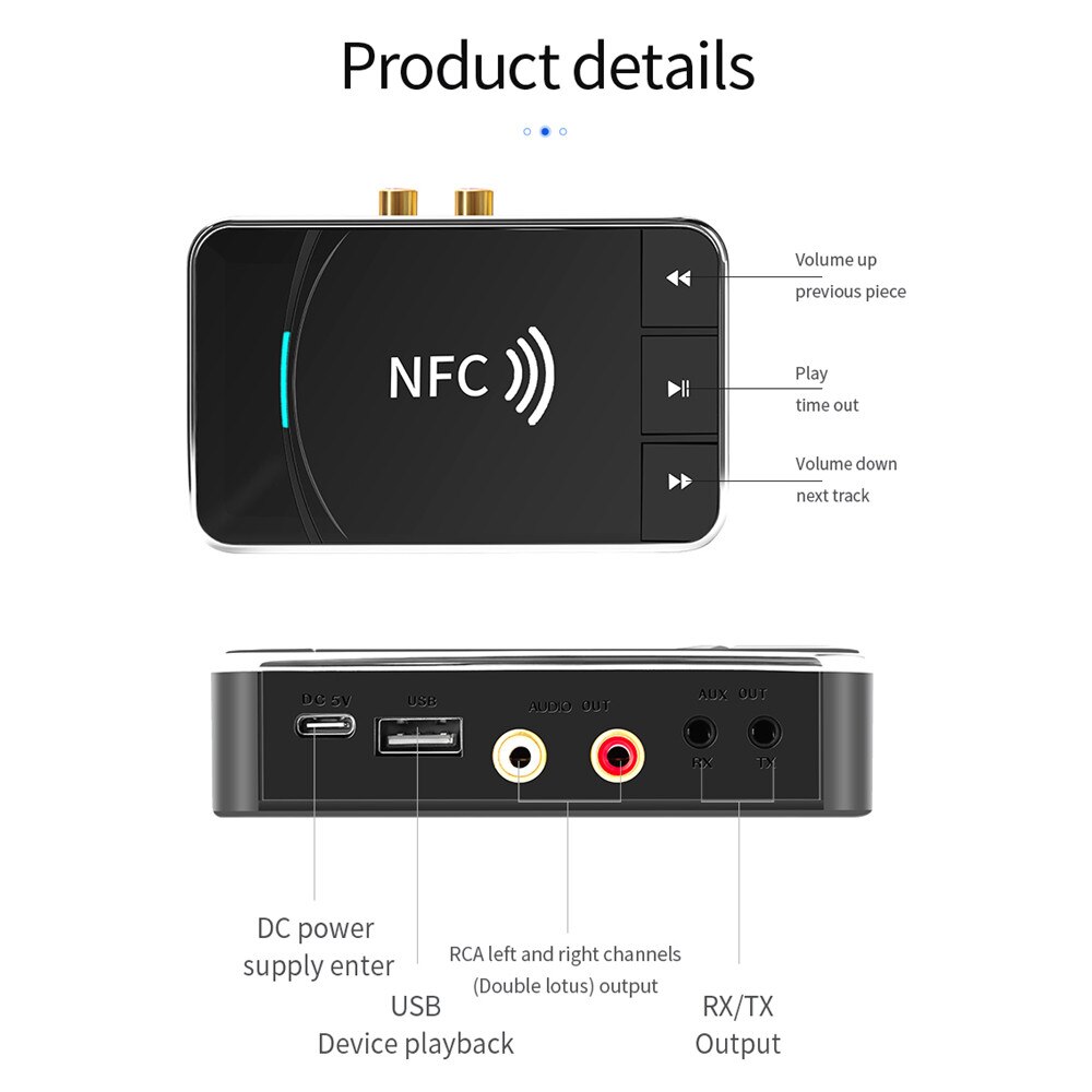 Adaptador receptor Bluetooth 5,0 NFC 3,5mm RCA Audio AUX salida inalámbrica Bluetooth Dongle amplificador estéreo para altavoz: D