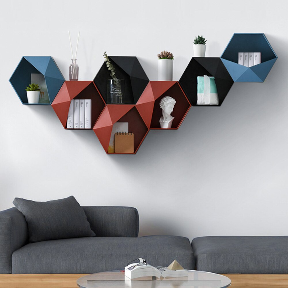 Nordique hexagone étagère tenture murale salon mural géométrique sans poinçon décoration murale salle de bain étagère organisateur
