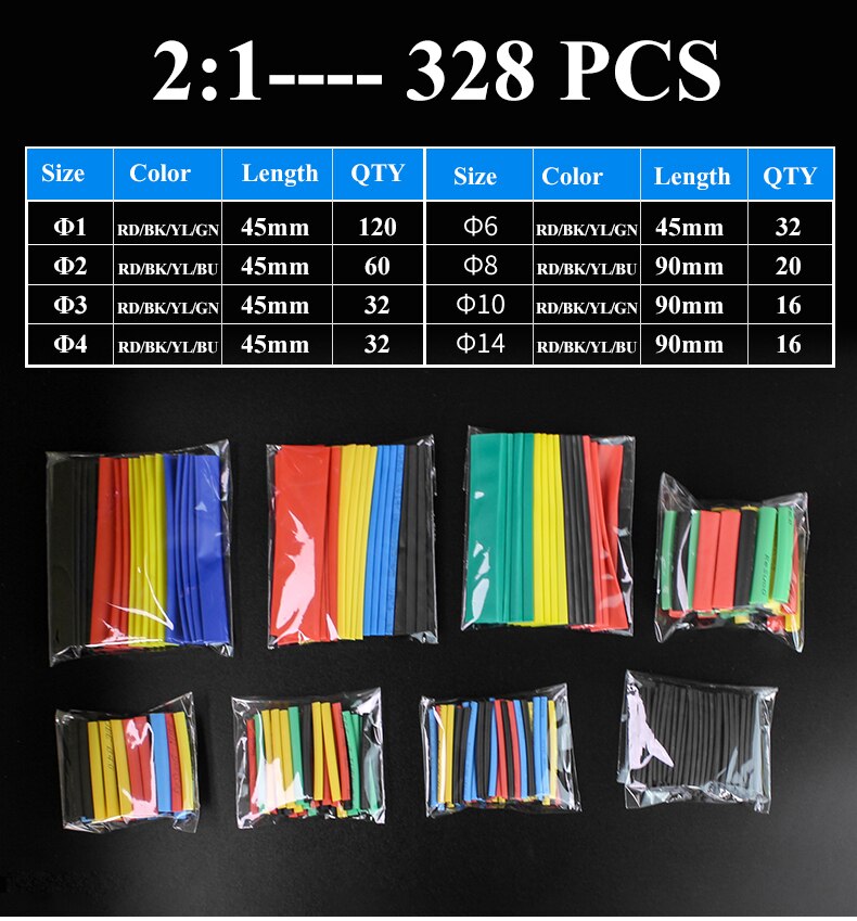 Heat Shrink wrapped Shrinking 2:1 Insulation Sleeving Thermal Casing Car Electrical Cable shrink tube Tube kit Thermoresistant: 328PCS No Box