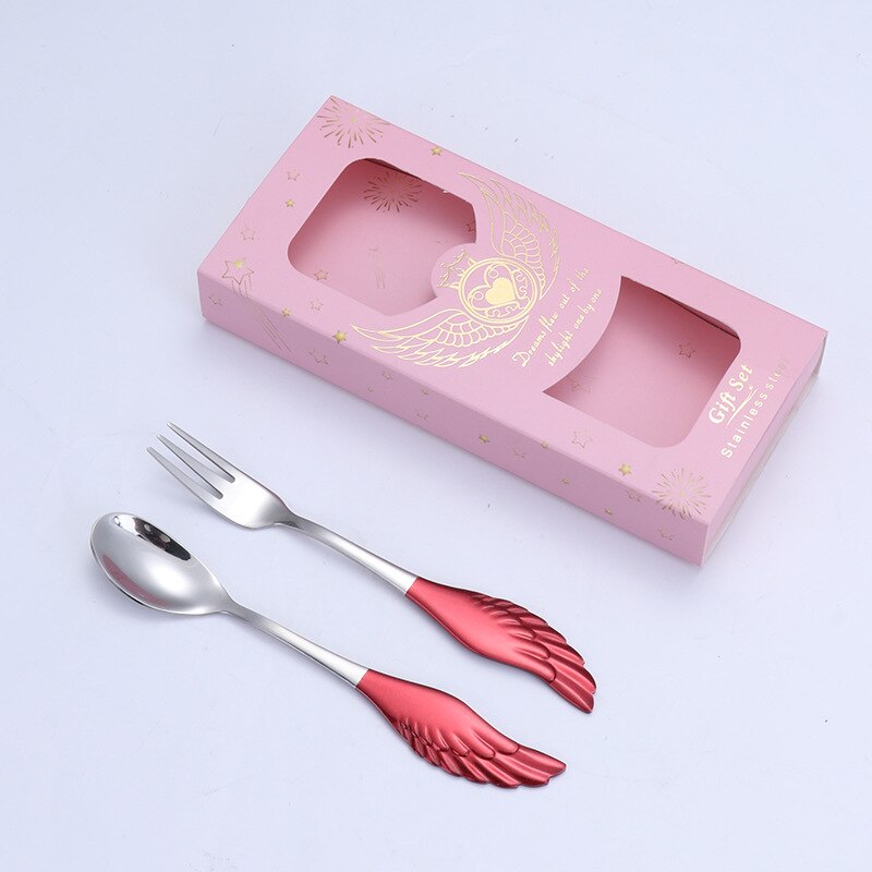 2 Pieces Dessert Spoon Fork 304 Stainless Steel Angel Wing Coffee Spoon Dessert Spoon Fruit Fork With Box: 04