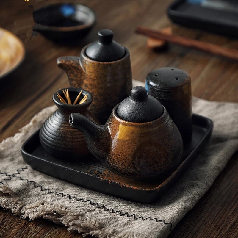 Japanese and Korean Seasoning Bottle Set Japanese Cuisine Sashimi Soy Sauce Bottle Pepper Pot Ceramic Spice Bottle Jar Set Retro