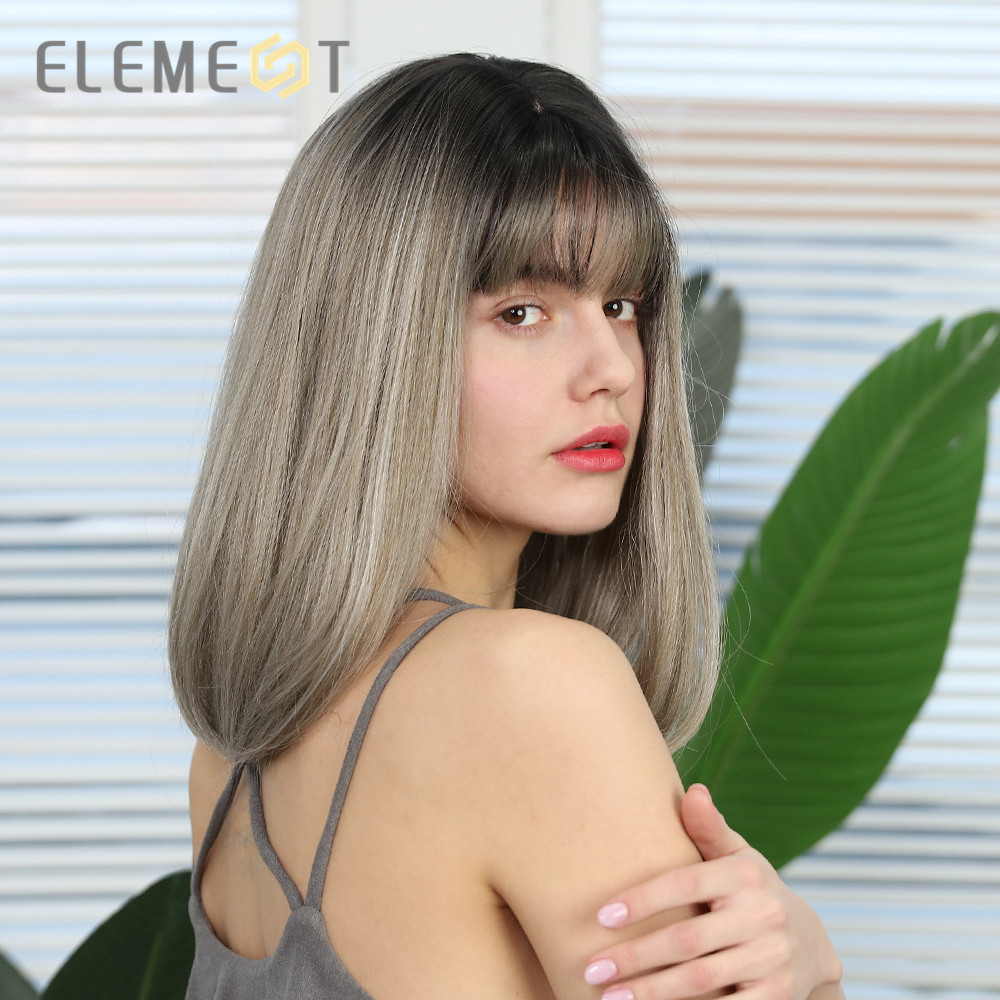 element krótki prosto pion peruki z grzywką Ombre czarny do herbata mleczna kolor peruki syntetyczne dla białych/czarnych kobiet