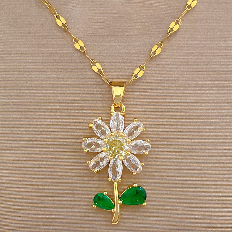 Classic Charming Sunflower Necklace and Earrings Set Light Luxury Micro-Setting Banquet Jewelry
