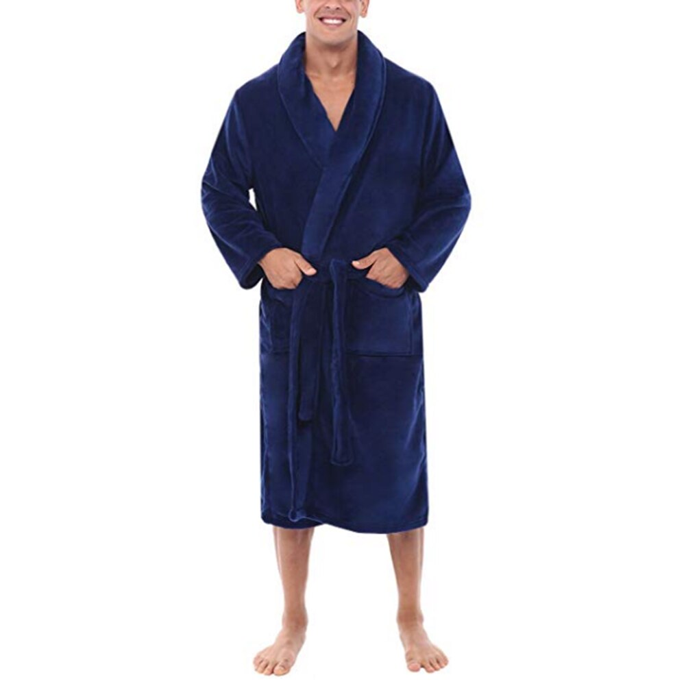 Menn sjalkrage korall fleece ensfarget lang badekåpe hjemmekjole nattøy myk korall fleece badekåpe menn fritids nattøy