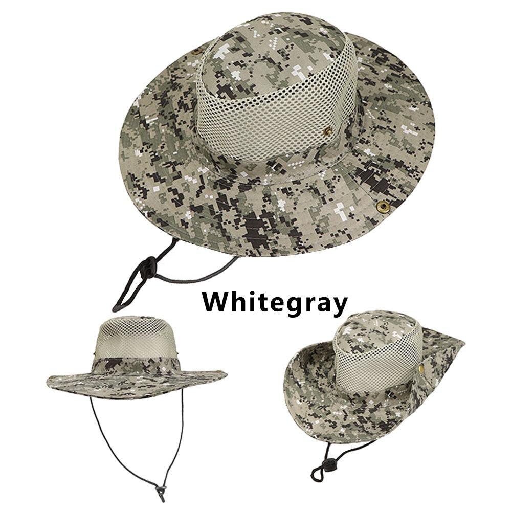 Outdoor Sport Mannen & vrouwen Vissen Hoed Camouflage Emmer Hoed Wandelen Camo Ripstop Jungle Bush Hoeden Boonie Brede Rand zon Caps: White gray