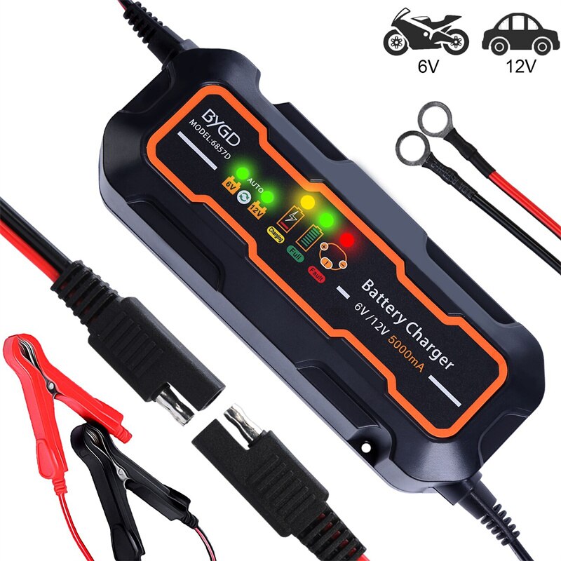 6V/12V Intelligent Battery Charger Portable Lead Acid Battery Charger with Detachable Alligator Clips,for Motorcycle/Car