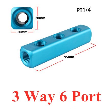 Distribuidor de colector de aire de 1/4 &quot;PT, puerto de rosca 2, 3, 4, 5, 6, 7, 8, 9 vías, conector rápido neumático, divisor de bloque de aluminio de manguera: 3 Way 6 Port