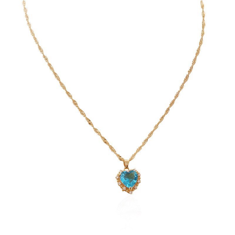 Luxury Zircon Heart Pendant Necklaces For Women Girls Gold Collar NecklacesWedding Party Daily Jewelry: Blue