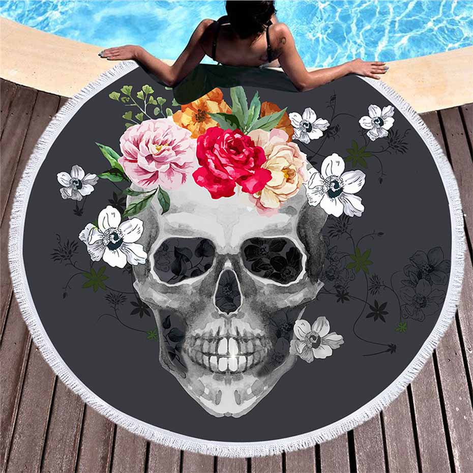 3D Sugar Skull Printed Round Beach Towel Thick Indian Mandala Beach Throw Tapestry Yoga Mat Water Absorbent Soft 150cm Blanket: 2
