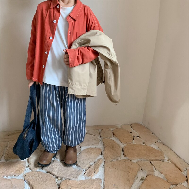 Jongens Retro Dunne Losse Verticale Streep Casual Broek Kids 2 Kleuren Casual Jogger Broek